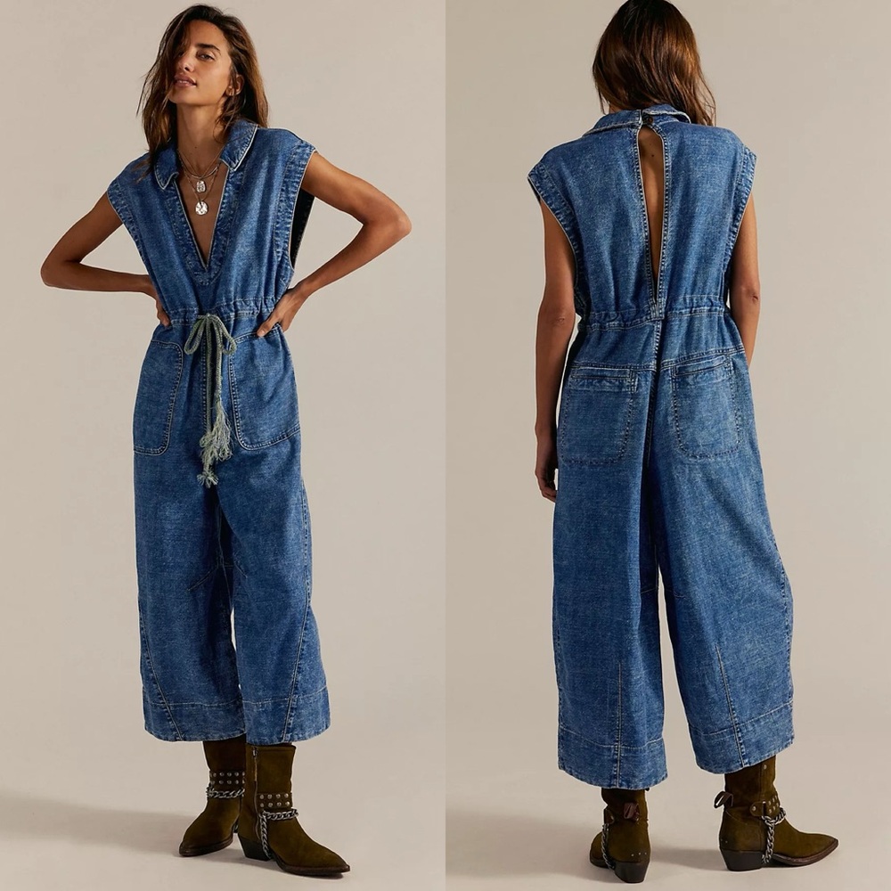 NWT Free People Lantana Cropped Denim Coverall Jumpsuit - Picture 1 of 7